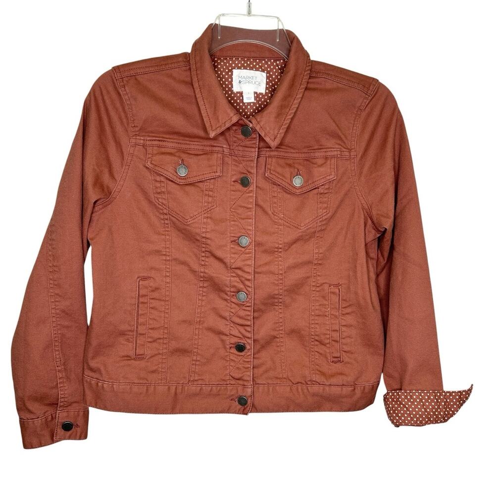 Market & Spruce Rust Denim Jacket Polka Dot Trim Cuffs Cotton Stretch Large